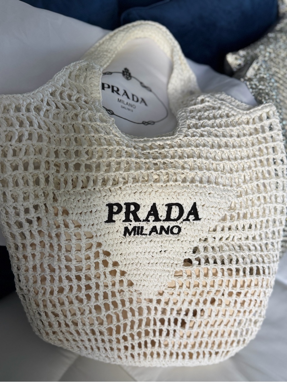 Prada Cream Crochet Open-Weave Tote with Black Logo. SIZE 25” H X 15” WIDE - Picture 4 of 4